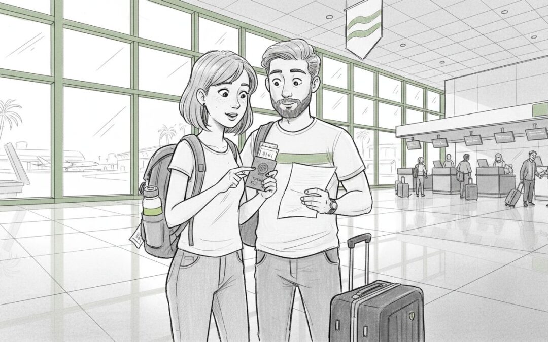 Travelers reviewing insurance at airport check-in