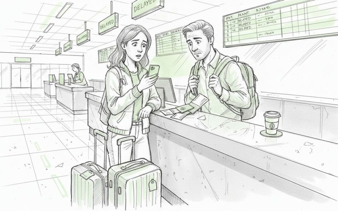 Pareja esperando cancelación de vuelo en aeropuerto