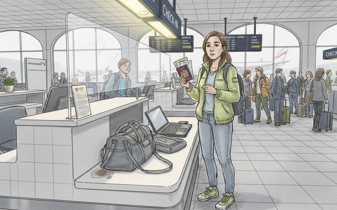 Traveler holding visa and insurance papers at airport