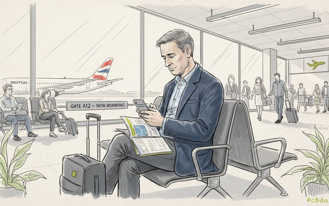 Traveler reviewing travel insurance at airport