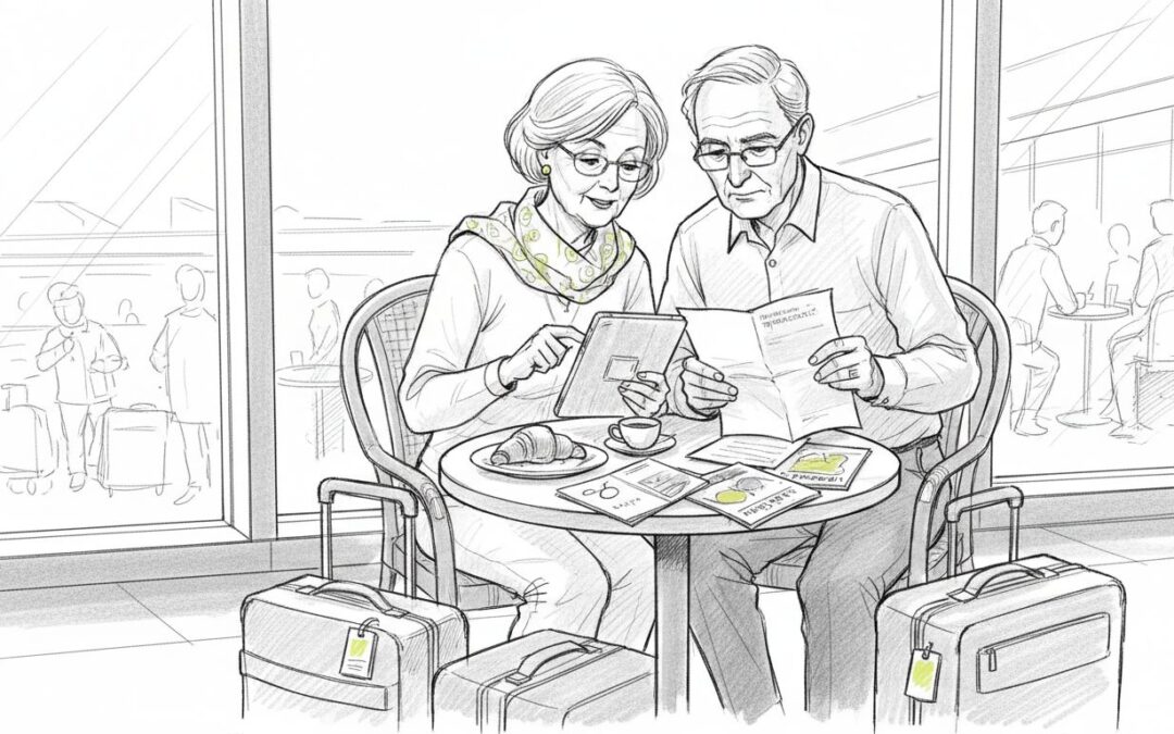 Senior couple reviewing travel insurance at airport café