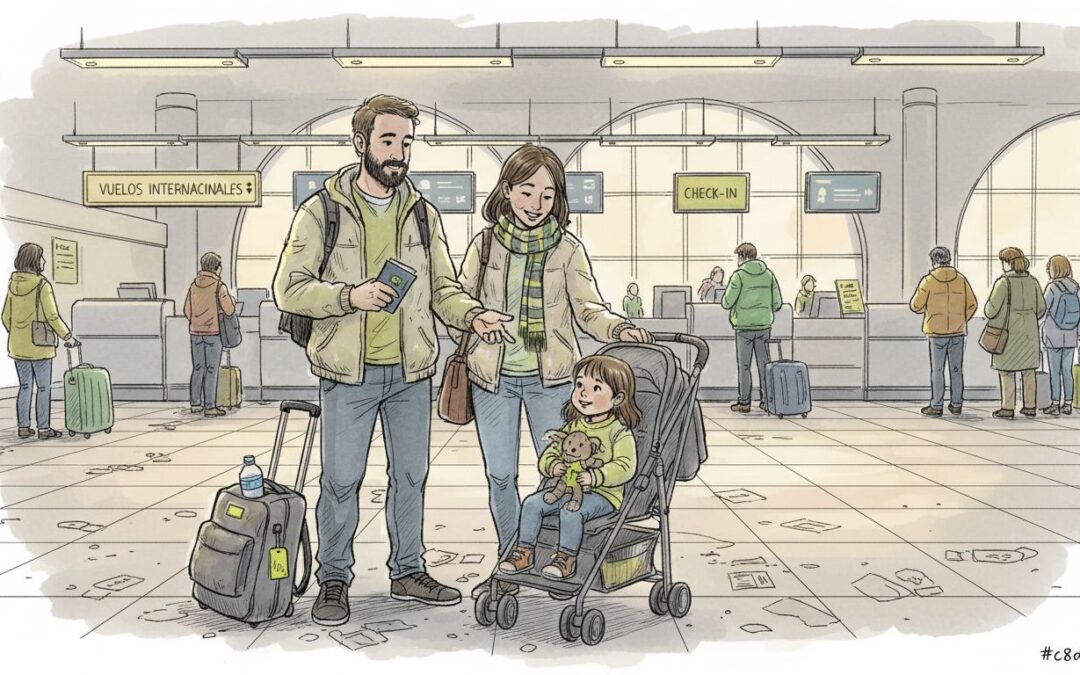 Una familia hace el check-in en el mostrador del aeropuerto