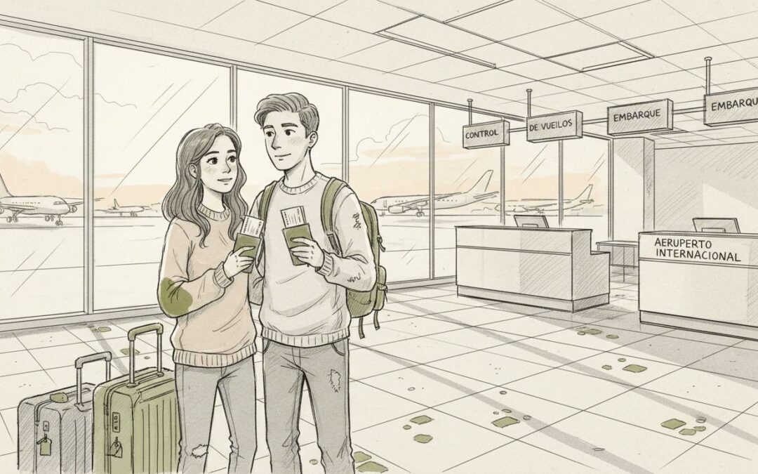 Pareja mostrando sus pasaportes en el mostrador de facturación del aeropuerto