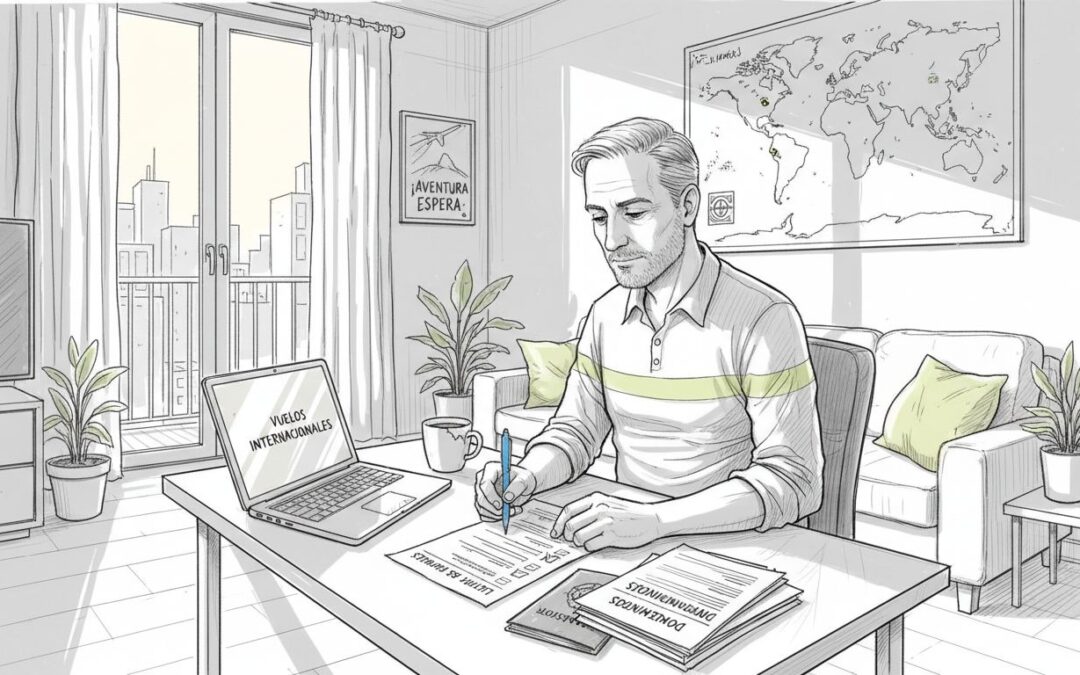 Persona que vive en el extranjero revisando su lista de tareas internacionales en el escritorio de su casa.