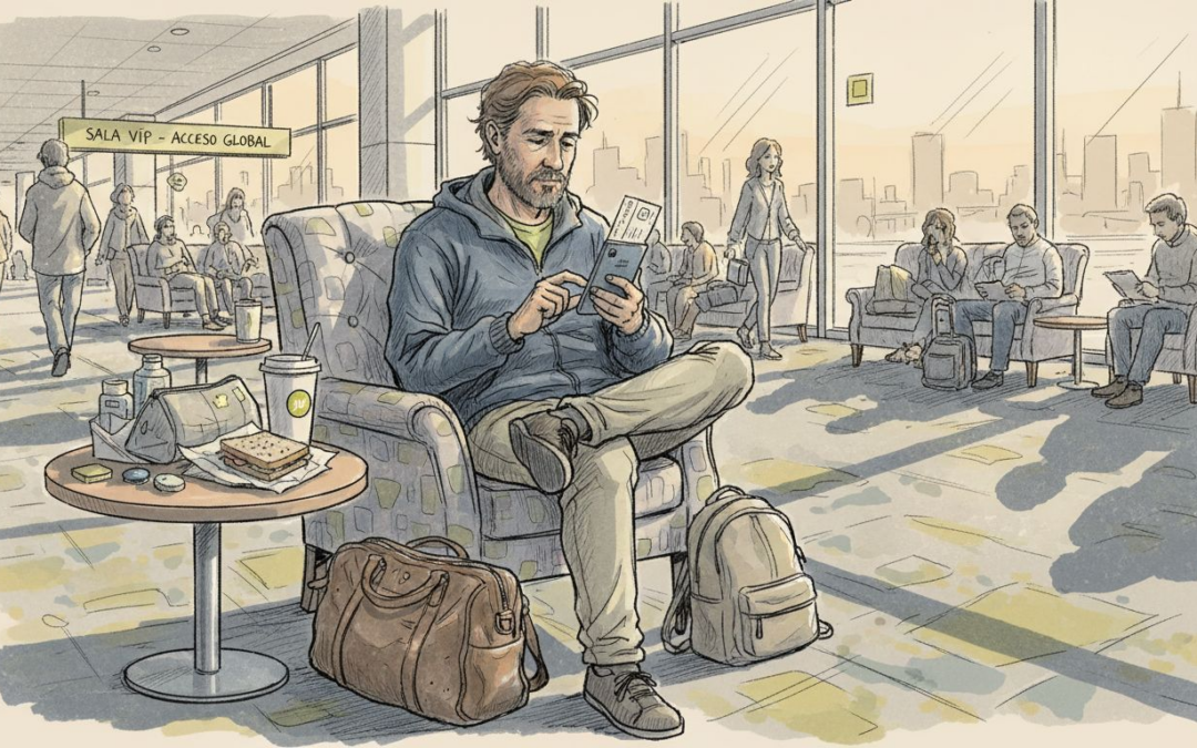Viajero con pasaporte en mano esperando en una sala de aeropuerto llena de gente.