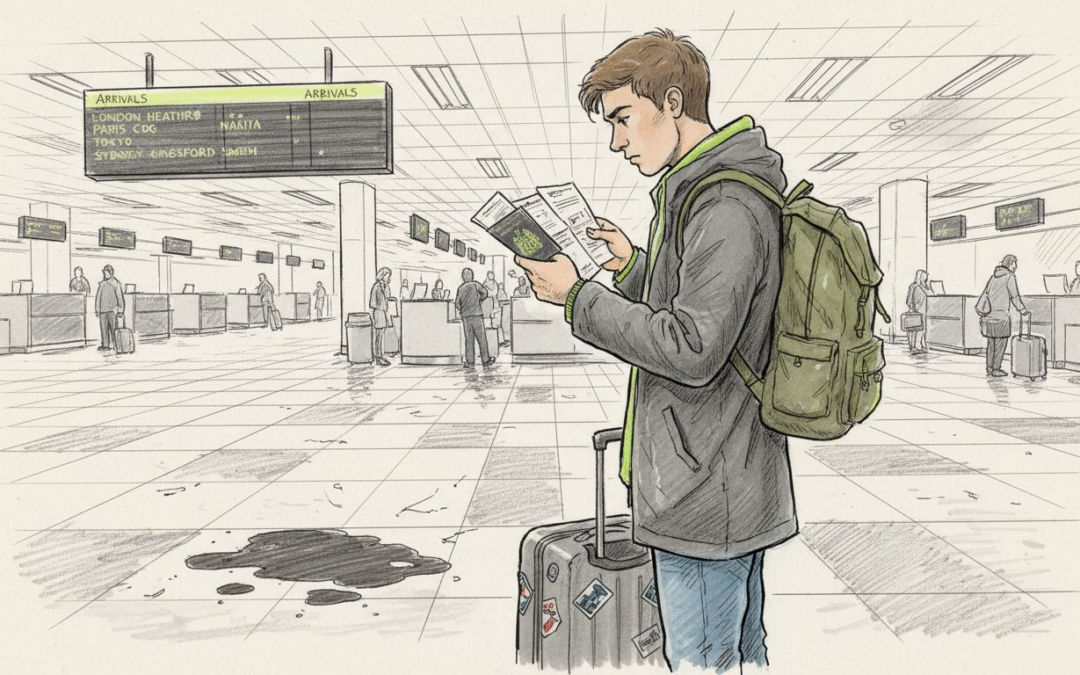 International student with suitcase holding insurance papers at airport