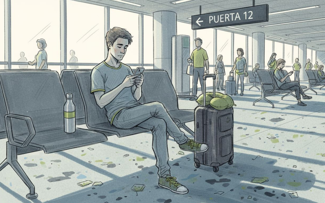 Viajero agotado aguardando en el aeropuerto bajo la luz tenue de la mañana.