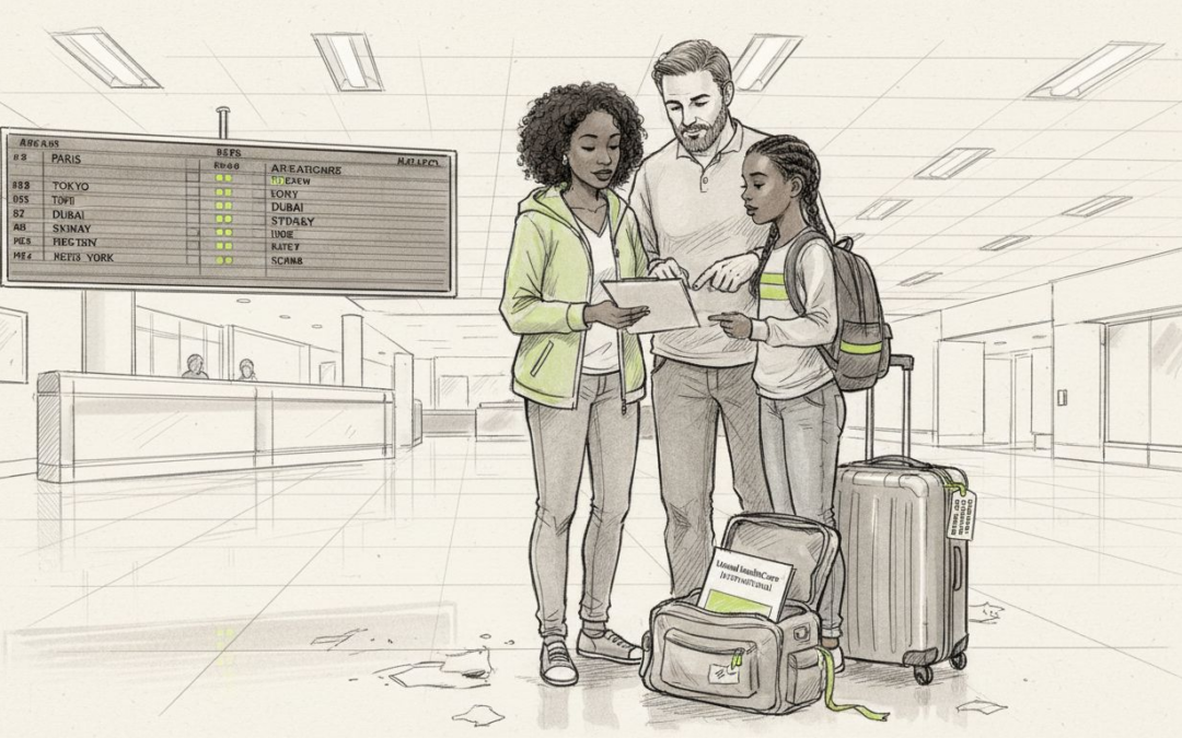 Expat family at airport reviewing healthcare paperwork