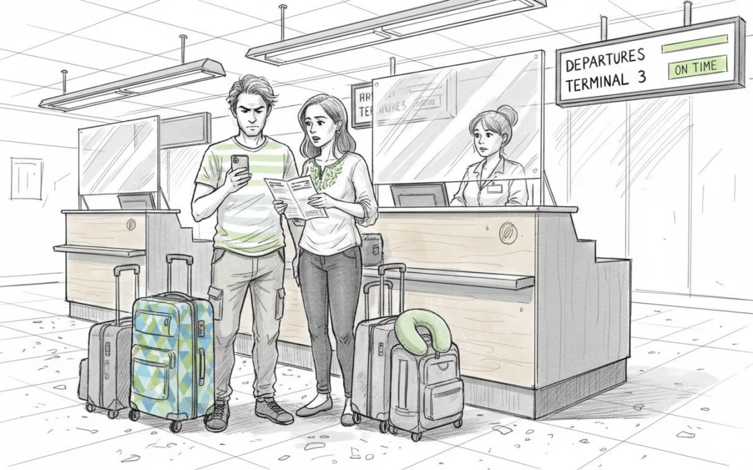 Frustrated travelers at airport check-in desk