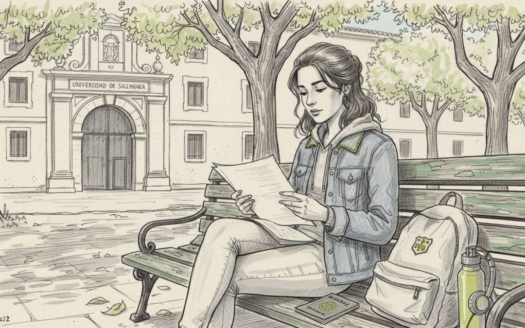 Joven universitario revisando papeles de su seguro en el campus