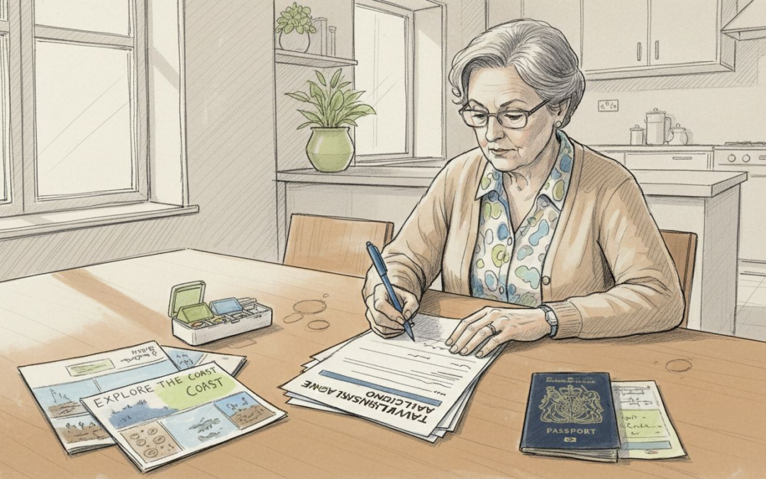 Senior woman completing travel insurance forms
