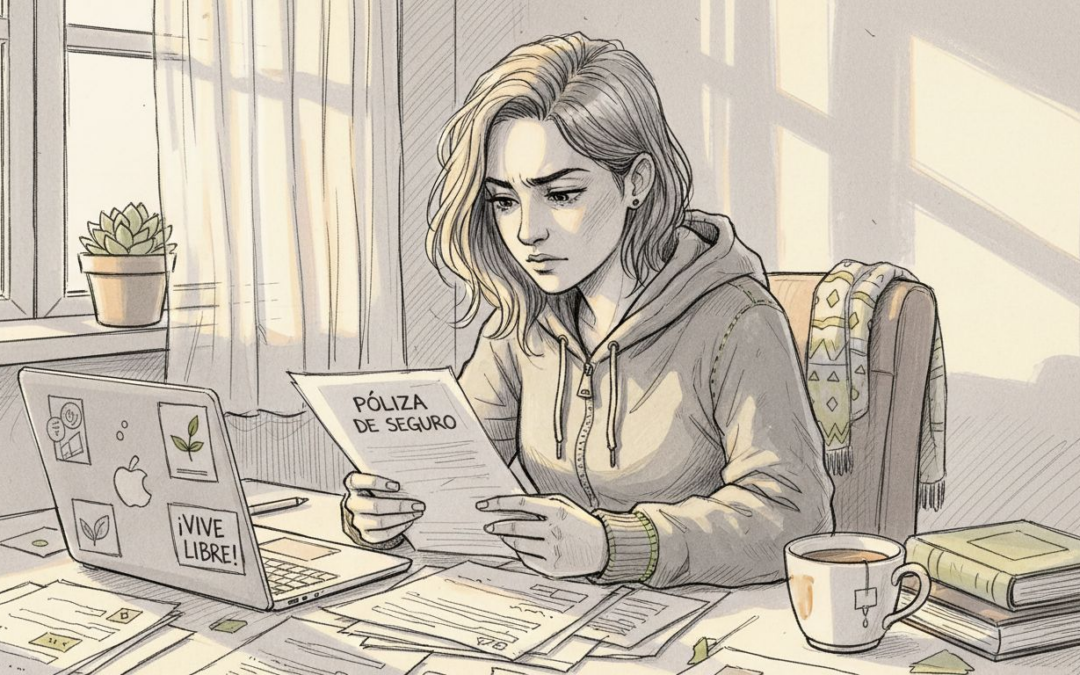 Joven estudiante revisando su póliza de seguro tranquilamente en casa