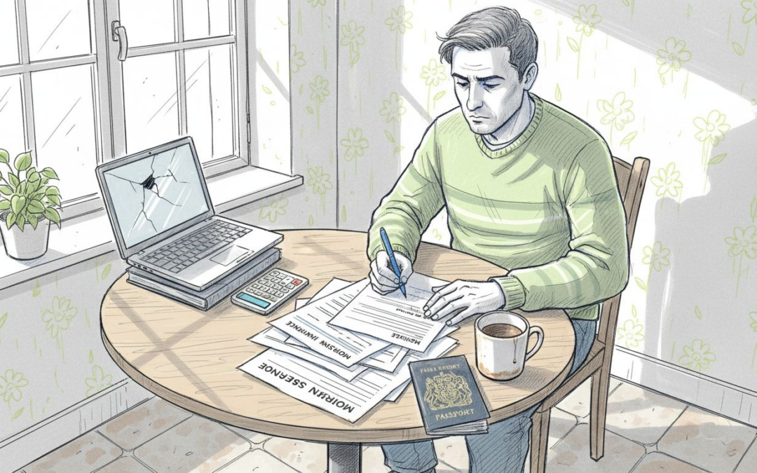 Man comparing medical insurance plans at kitchen table