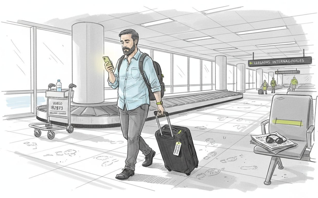 Español a punto de empezar una nueva vida en el extranjero, maleta en mano y esperando su vuelo en el aeropuerto.