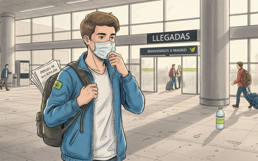 Joven estudiante extranjero con mascarilla esperando su vuelo en un aeropuerto de España.