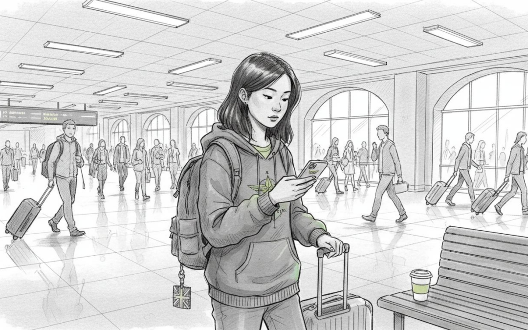 Asian student with suitcase in European airport