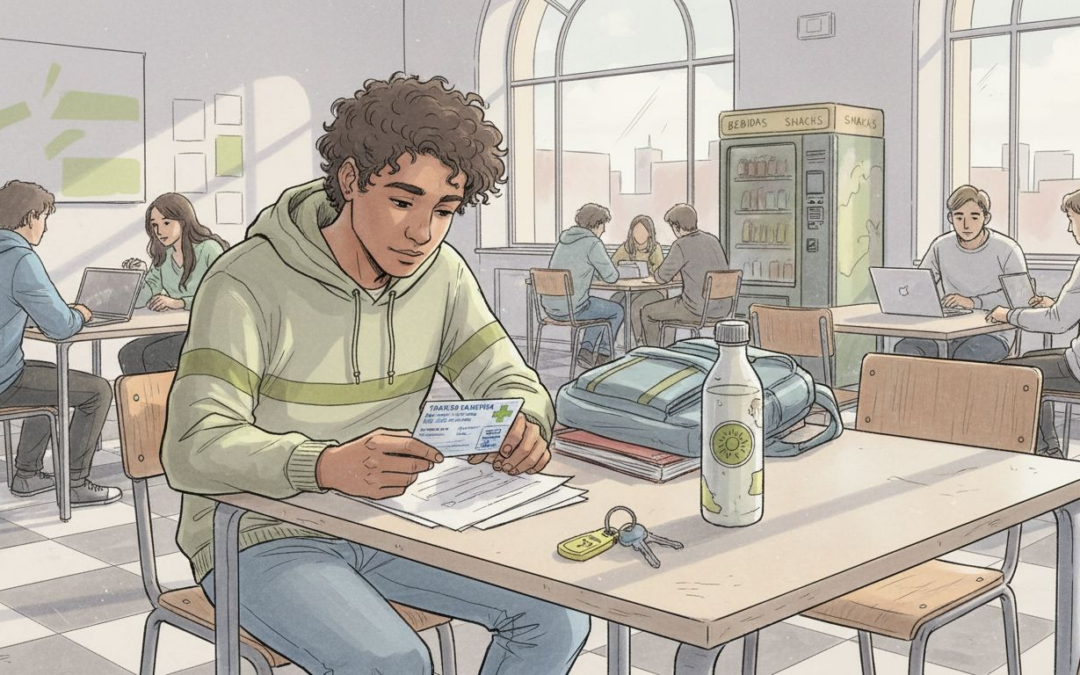 Joven estudiante revisa sus papeles del seguro junto a su mochila antes de salir de casa.