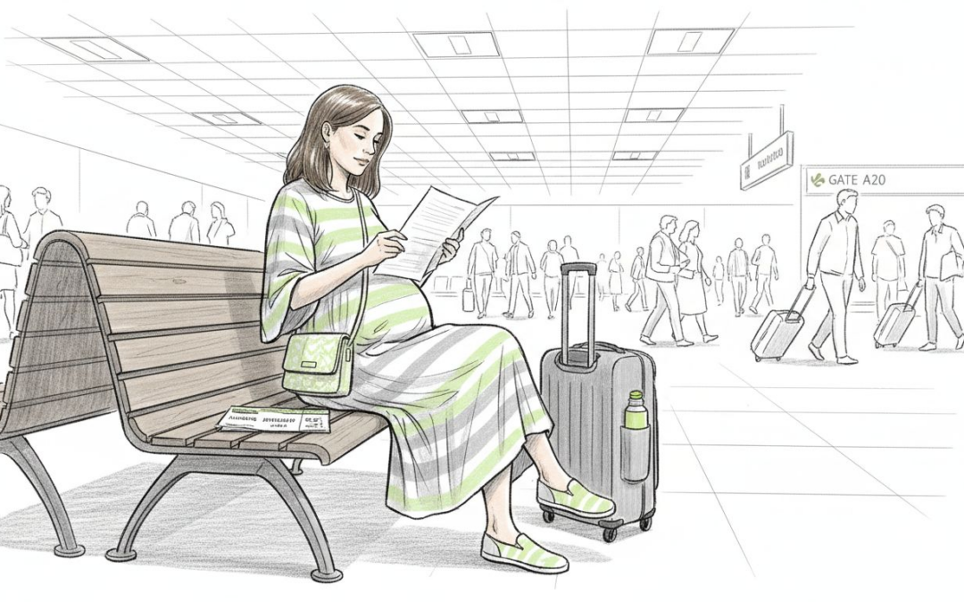 Pregnant woman reviewing travel documents at airport