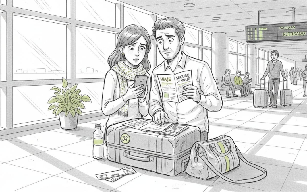 Una pareja revisa los detalles de su seguro de viaje mientras espera en la terminal del aeropuerto.
