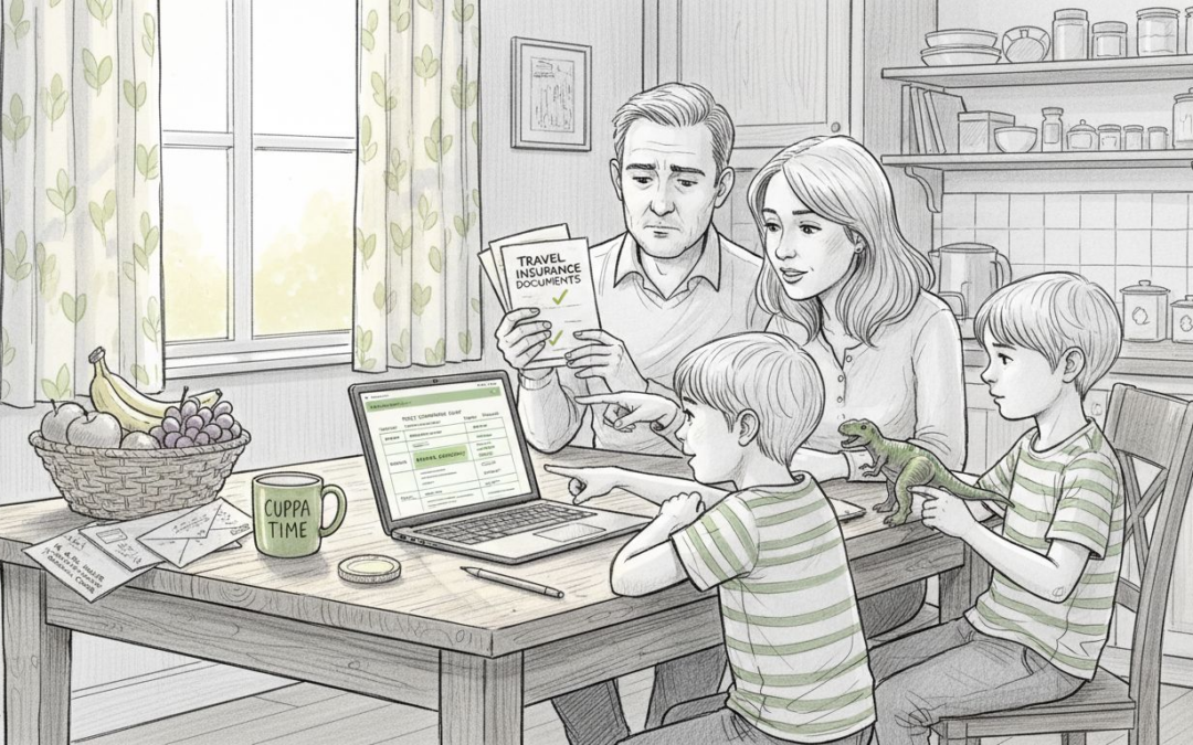 Family reviewing annual travel insurance at kitchen table
