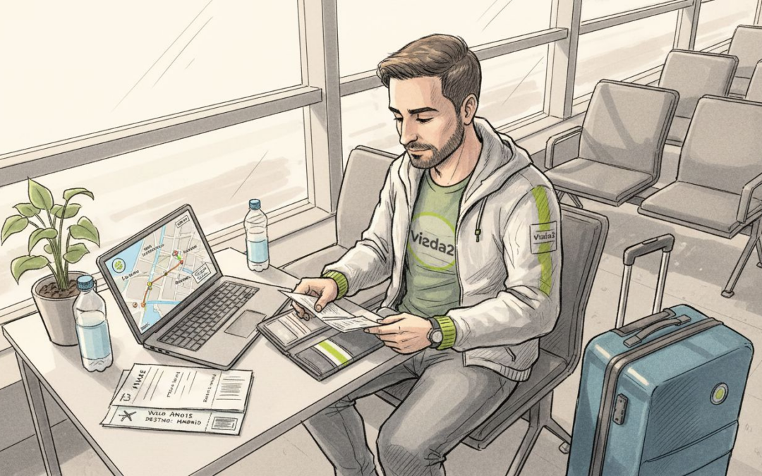 Pasajero revisando su póliza de seguro antes de embarcar en el aeropuerto.