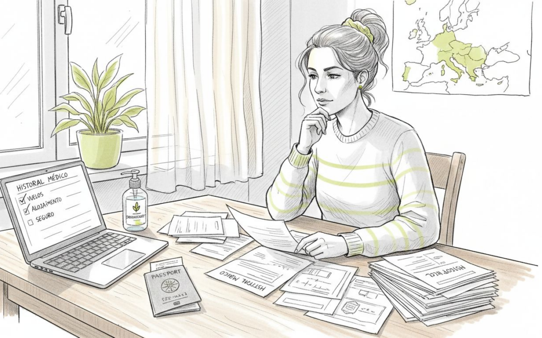 Mujer extranjera revisando y ordenando sus papeles médicos en casa.