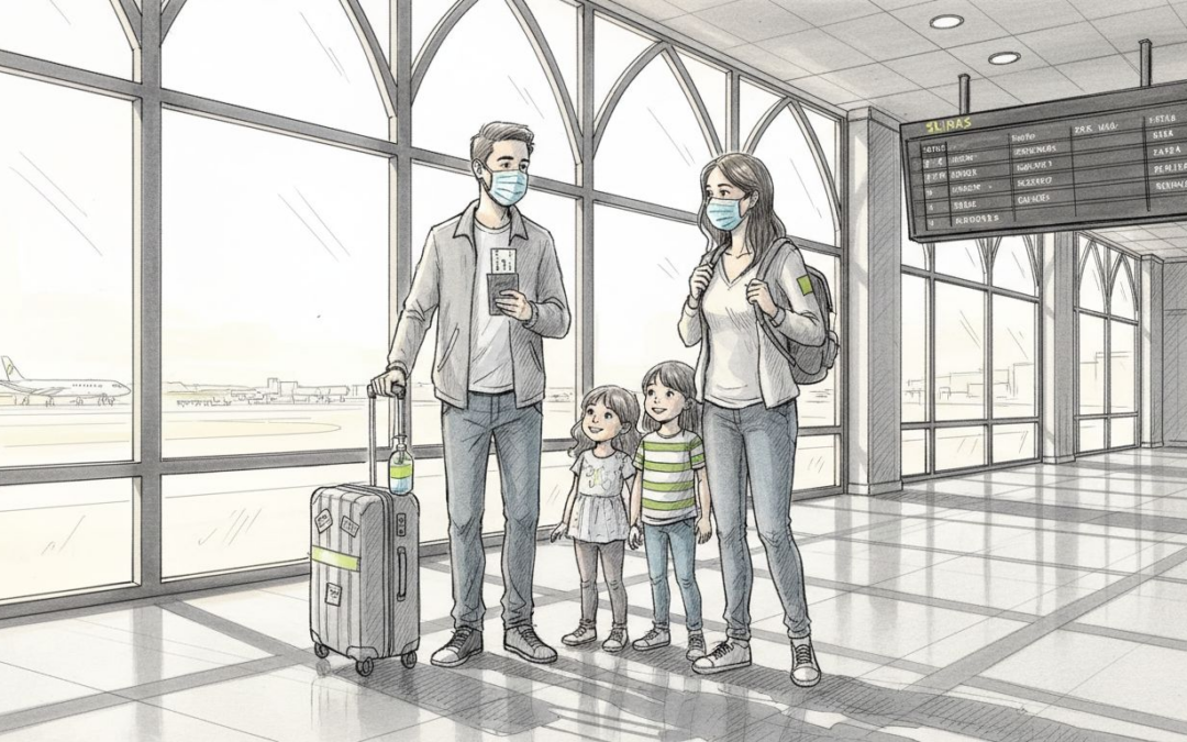 Una familia en el aeropuerto, todos con mascarilla debido a la pandemia de covid.