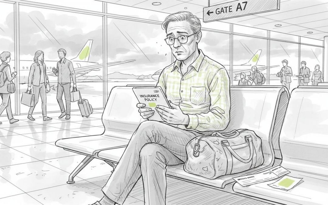 Anxious expat reviewing travel insurance at airport