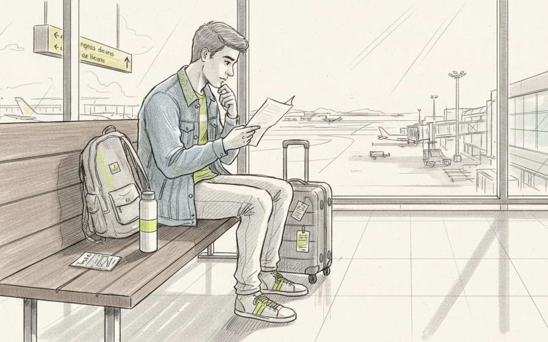Joven estudiante listo para viajar con toda su documentación en regla en el aeropuerto internacional.