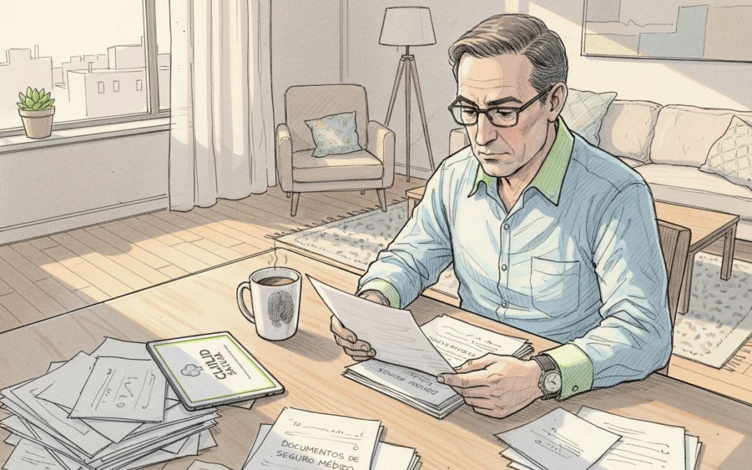 Un hombre español revisa la documentación de su seguro con BBVA.