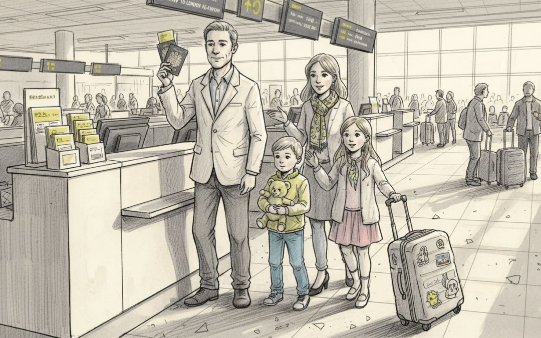 Family at airport checking insurance documents