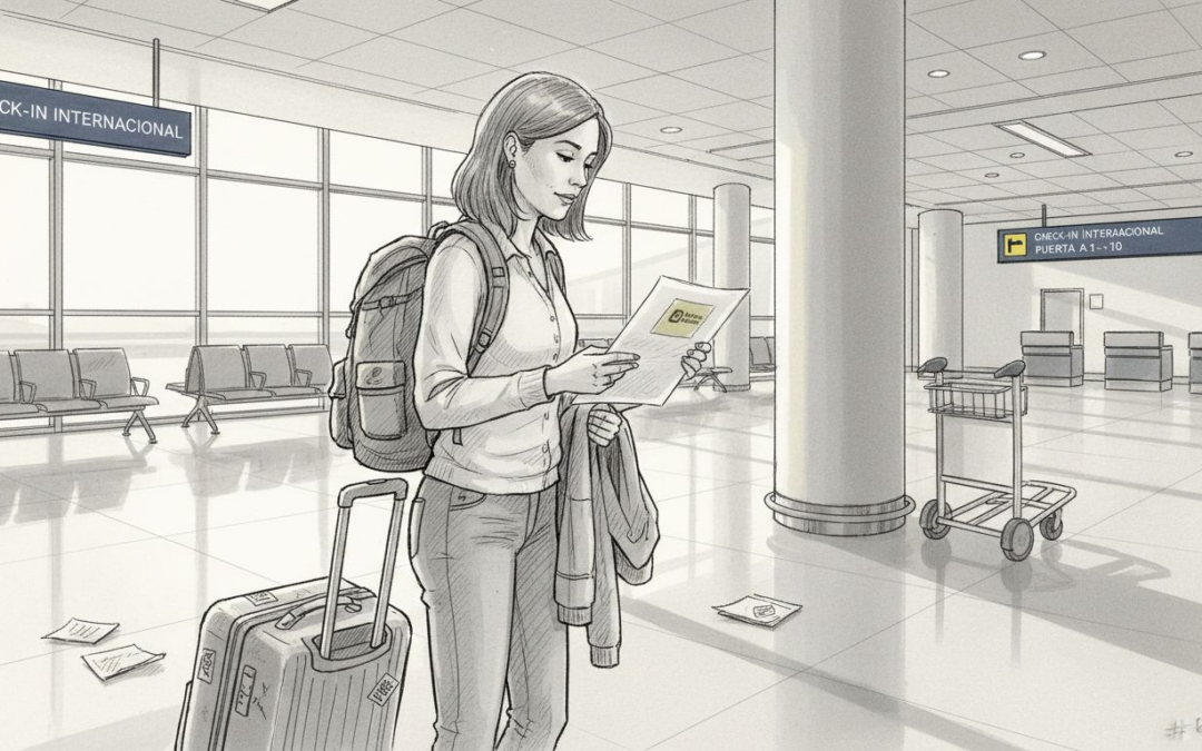 Una mujer revisa sus papeles antes de abordar en el aeropuerto.