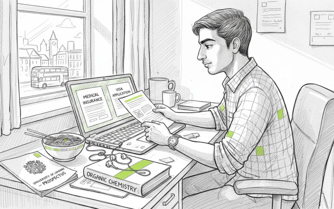 Indian student reviewing medical insurance paperwork
