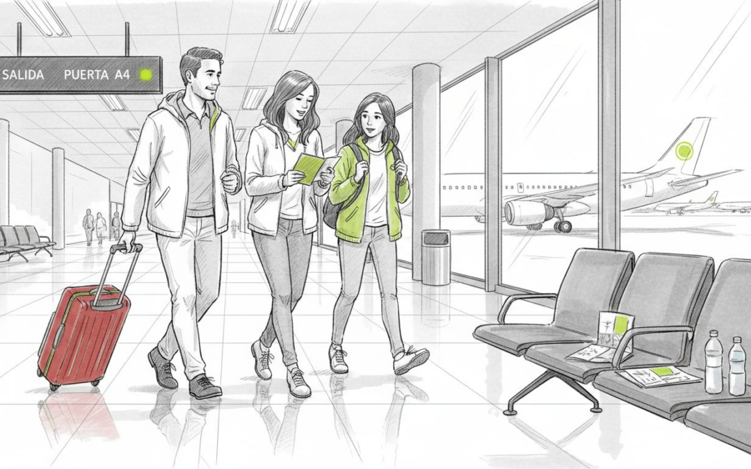 Una familia pasea por la terminal de un aeropuerto europeo