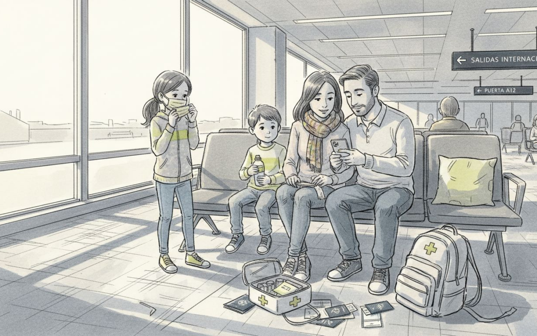 Una familia aprovecha el tiempo en la sala de embarque para repasar todo lo necesario: revisan la salud de los niños y organizan el equipaje antes de volar.