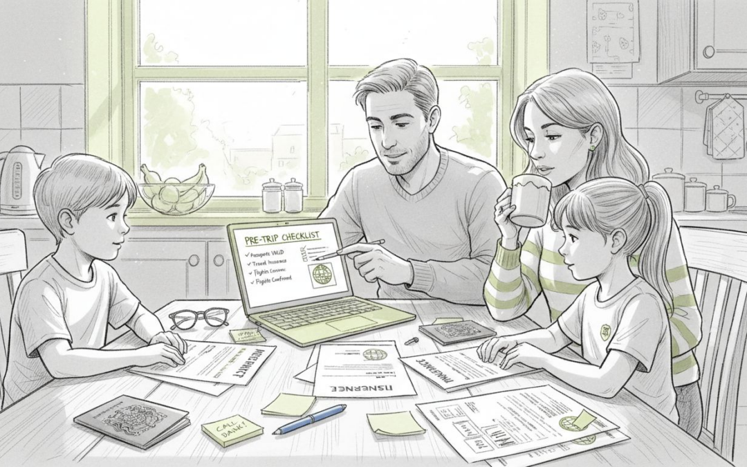 Family discussing travel insurance at kitchen table