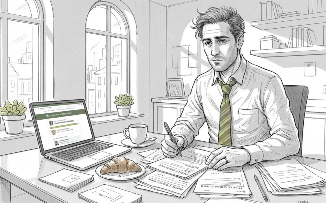 Expat completing insurance forms at home