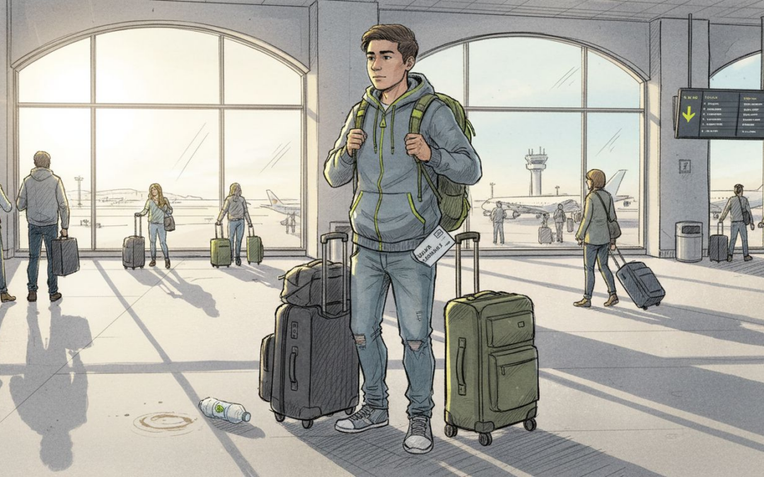 Joven latinoamericano listo para una nueva aventura en el aeropuerto, acompañado de su equipaje.
