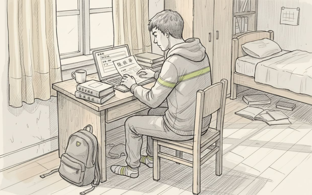 学生正在仔细阅读旅游保险的相关条款，确保自己对保障内容和理赔流程都了如指掌。