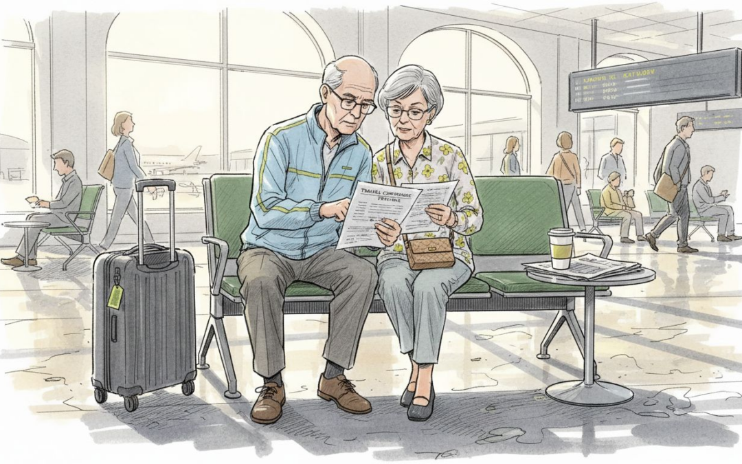 Senior couple reviewing travel insurance at airport