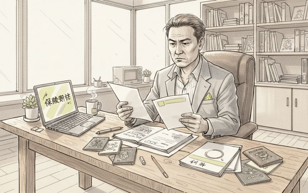 一位男士正在办公室里对比各国的保险文件，仔细分析不同保险方案的优劣。
