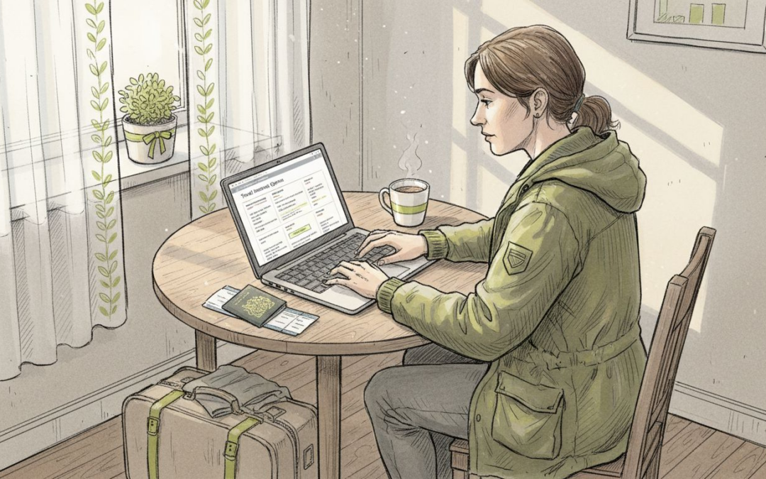 Expat reviewing travel insurance on laptop in apartment