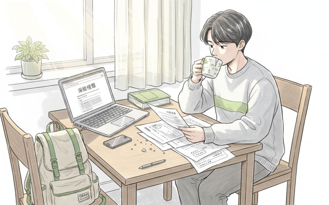 一名学生正在家里仔细查看旅游保险文件，确保出行无忧。