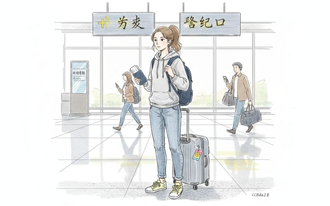 一名留学生正在机场整理行李，准备踏上出国留学的旅程。
