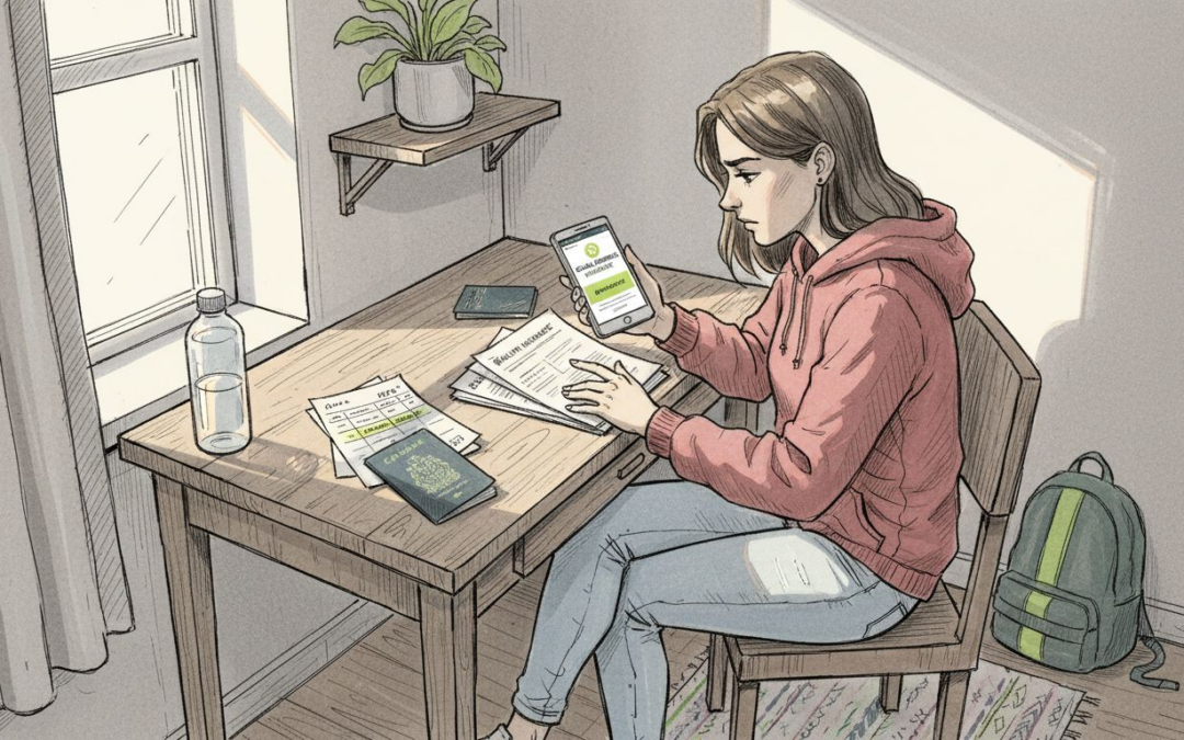 Student checks insurance documents in dorm