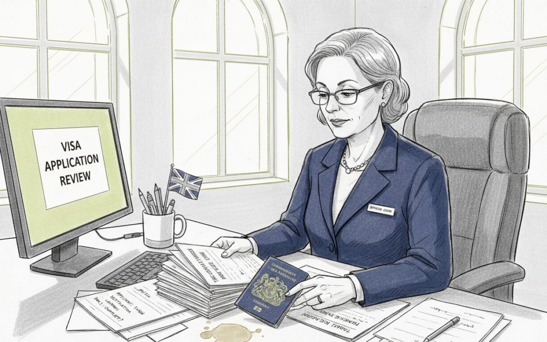 Visa officer checks medical insurance documents
