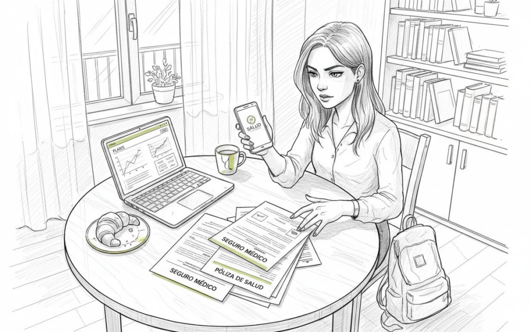 Au pair revisando y comparando documentos de seguros médicos