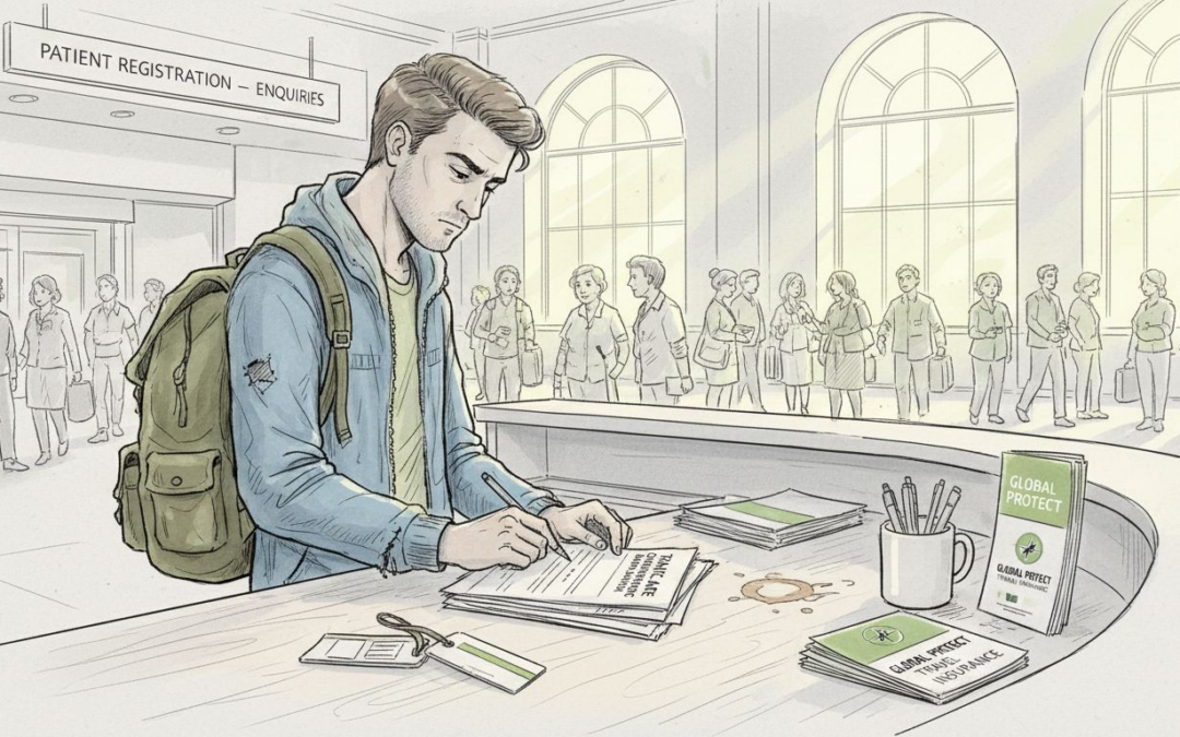 Traveller completing hospital insurance paperwork