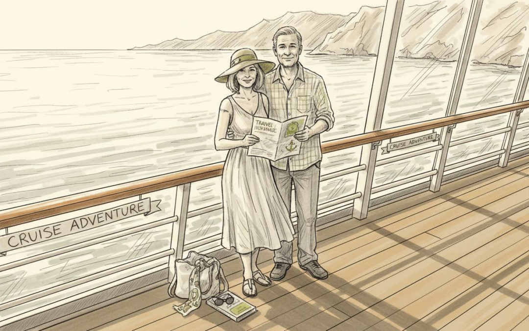 Couple reviewing cruise insurance at ship rail
