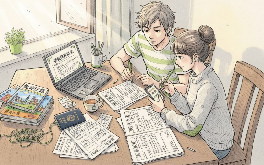 一对夫妻正在办理出国所需的保险手续